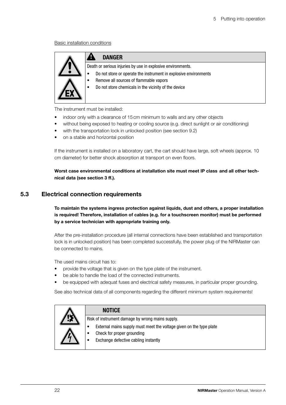 Danger, 5 .3 electrical connection requirements, Notice | BUCHI NIRMaste User Manual | Page 22 / 72