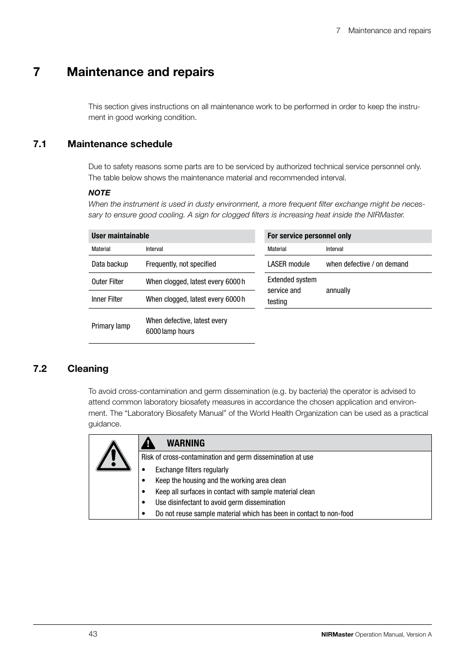 7maintenance and repairs, 7 .1 maintenance schedule, 7 .2 cleaning | Warning | BUCHI NIRMaste User Manual | Page 43 / 72