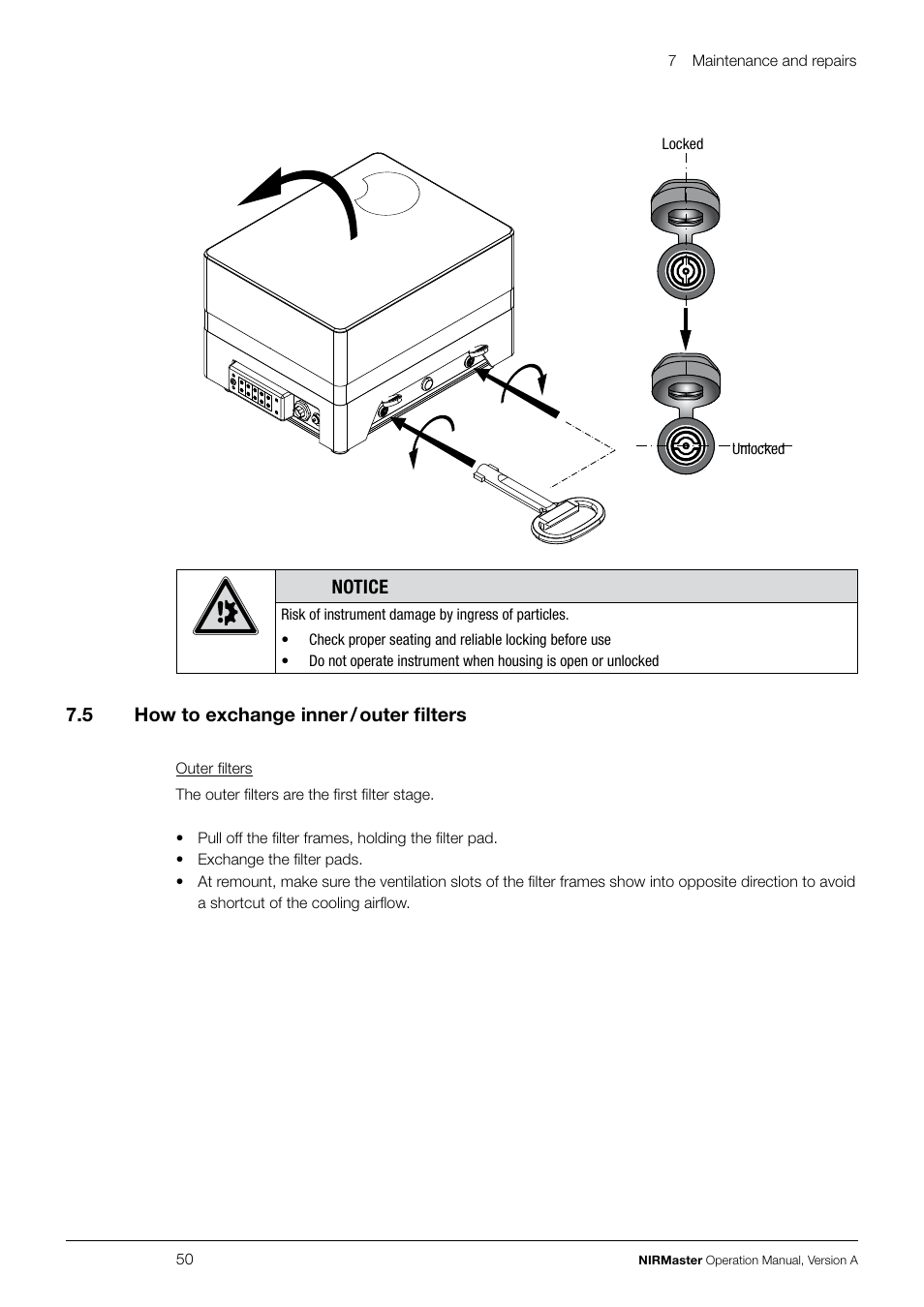 Notice, 7 .5 how to exchange inner / outer filters | BUCHI NIRMaste User Manual | Page 50 / 72