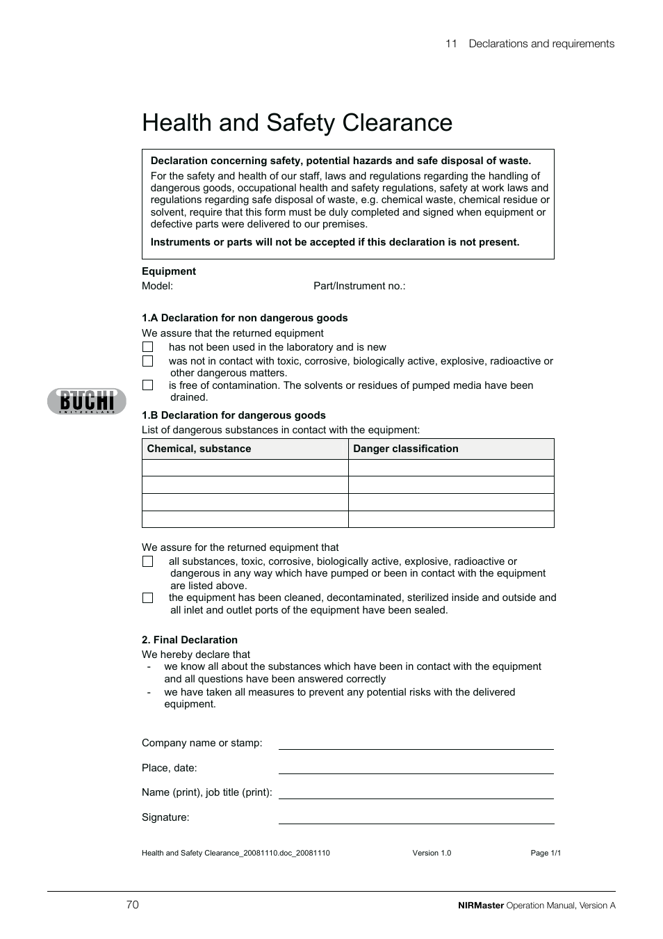 Health and safety clearance | BUCHI NIRMaste User Manual | Page 70 / 72