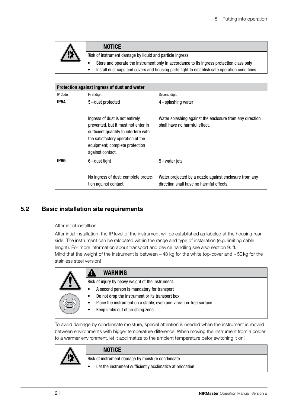 Notice, 5 .2 basic installation site requirements, Warning | BUCHI NIRMaste Pro IP65 User Manual | Page 21 / 72