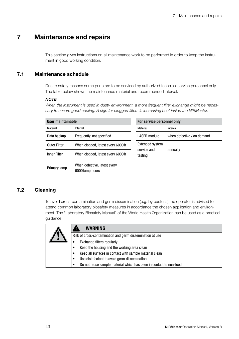 7maintenance and repairs, 7 .1 maintenance schedule, 7 .2 cleaning | Warning | BUCHI NIRMaste Pro IP65 User Manual | Page 43 / 72