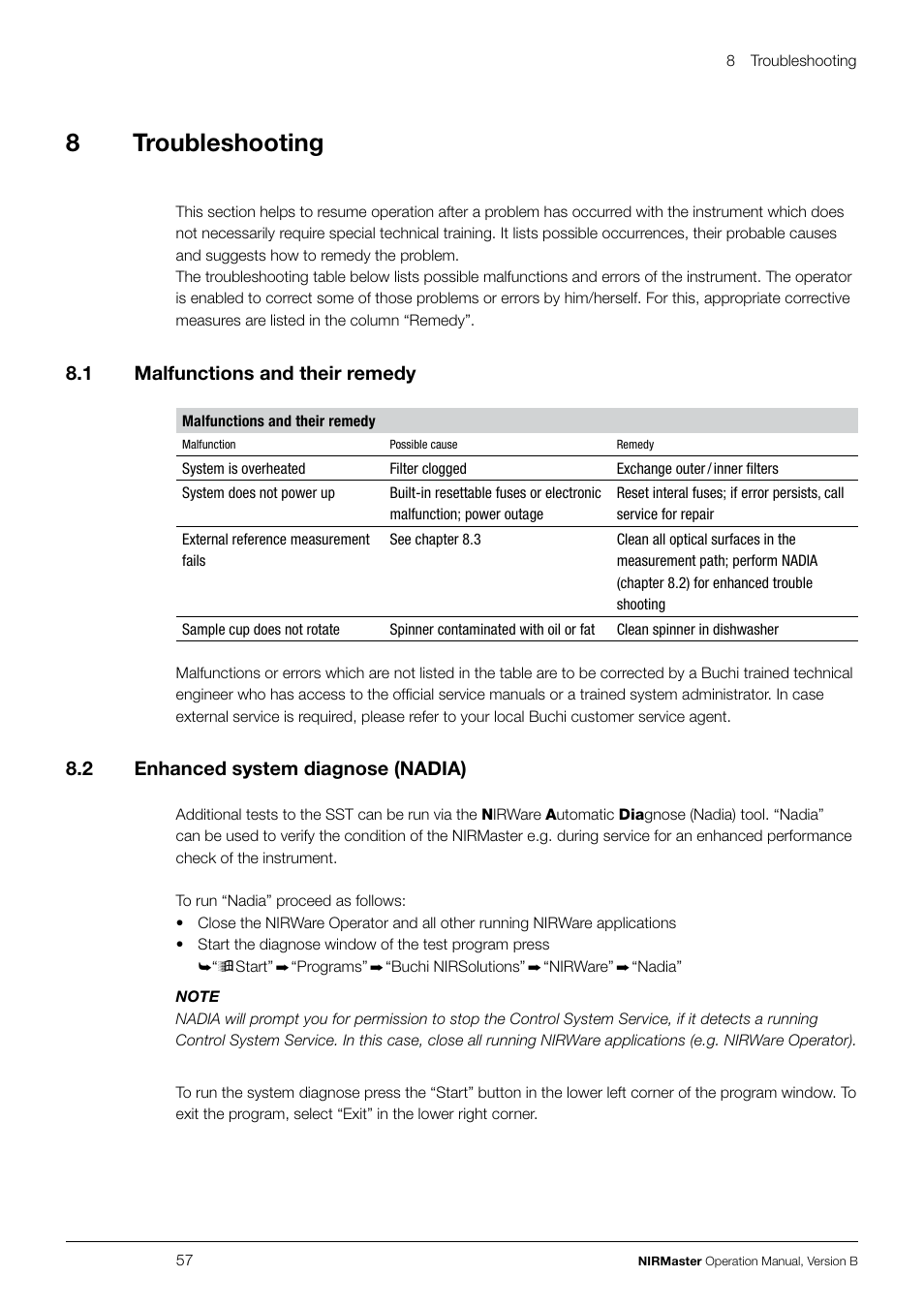 8 troubleshooting, 8 .1 malfunctions and their remedy, 8 .2 enhanced system diagnose (nadia) | BUCHI NIRMaste Pro IP65 User Manual | Page 57 / 72