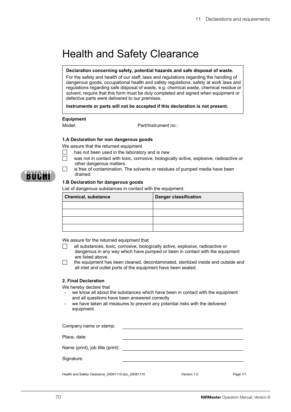 Health and safety clearance | BUCHI NIRMaste Pro IP65 User Manual | Page 70 / 72