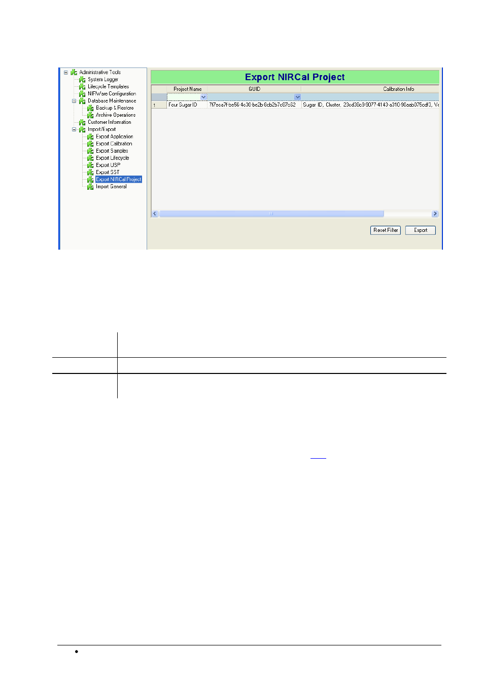 Table columns, Export | BUCHI NIRWare User Manual | Page 252 / 341