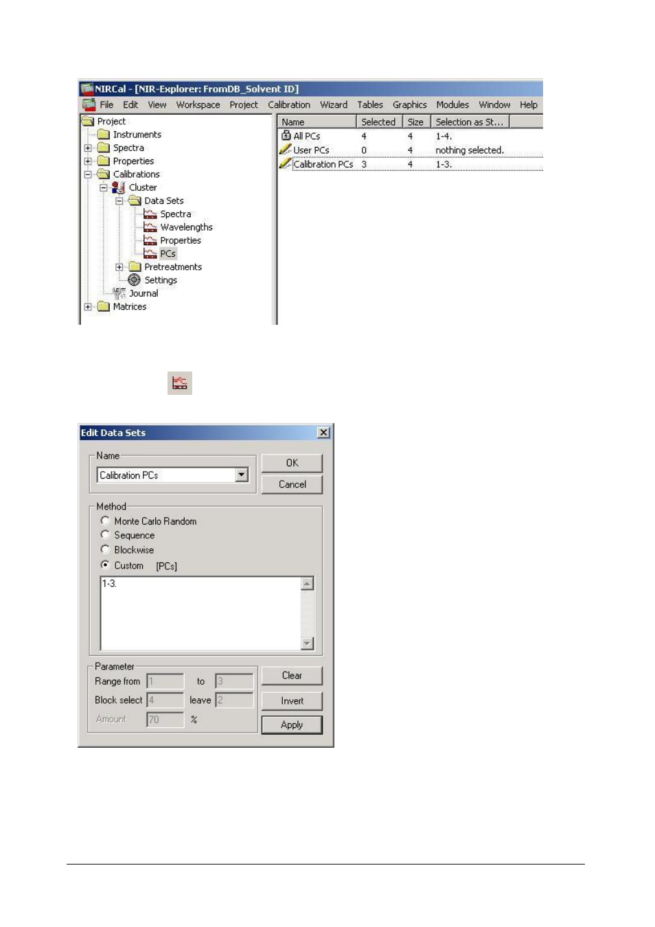 Secondary pc selection using edit data sets dialog | BUCHI NIRCal User Manual | Page 130 / 283