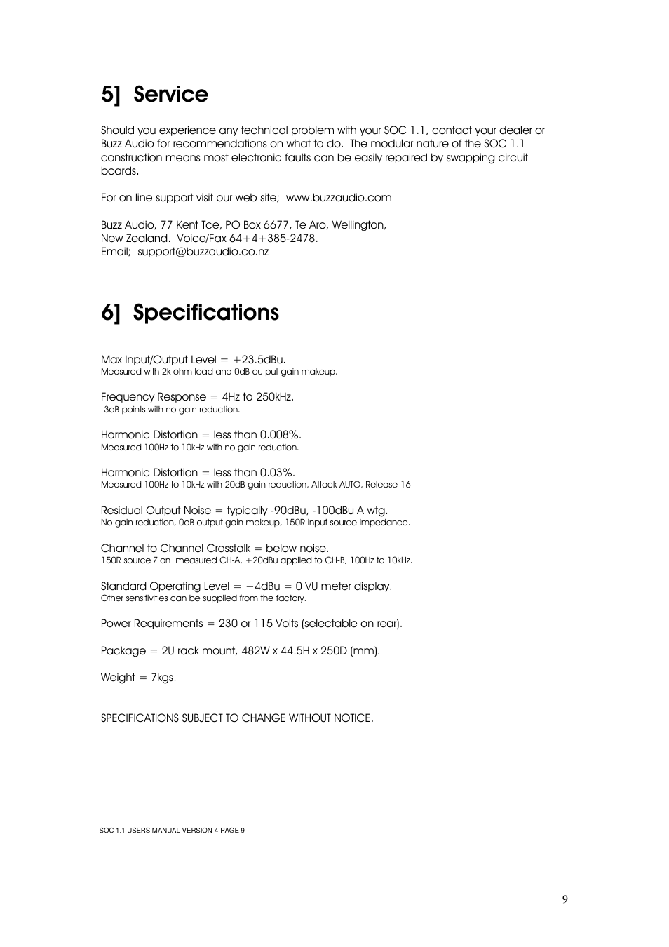 5] service, 6] specifications | Buzz Audio soc-1.1stereo optical compressor User Manual | Page 10 / 14