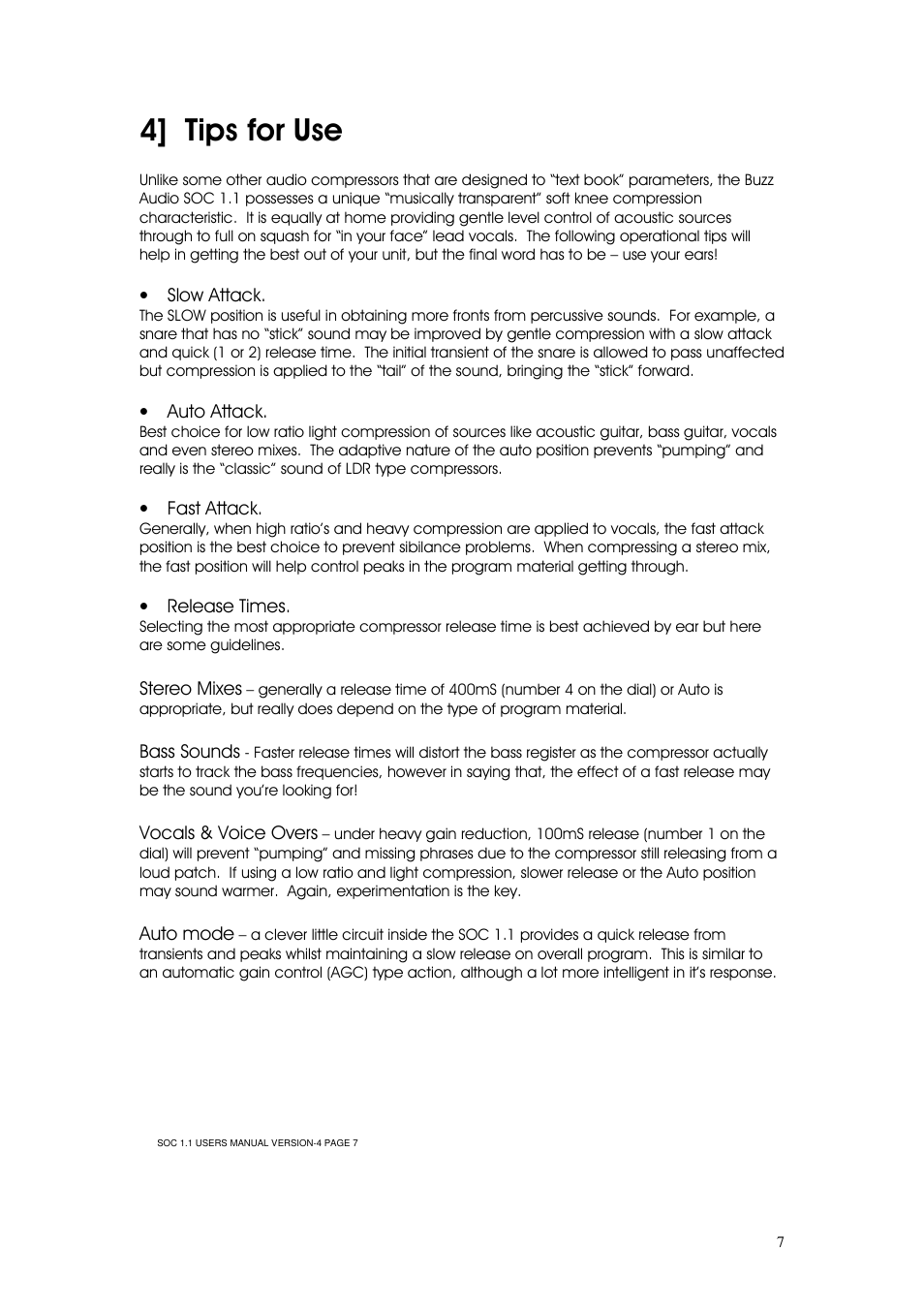 4] tips for use | Buzz Audio soc-1.1stereo optical compressor User Manual | Page 8 / 14
