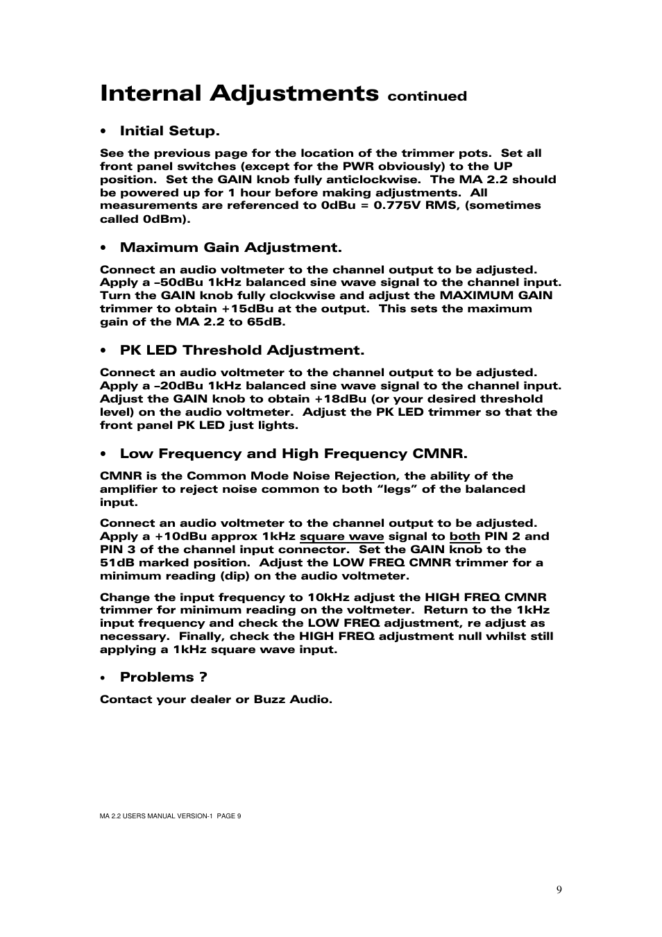 Internal adjustments, Continued • initial setup, Maximum gain adjustment | Pk led threshold adjustment, Low frequency and high frequency cmnr, Problems | Buzz Audio ma-2.2stereo microphone preamp User Manual | Page 10 / 11