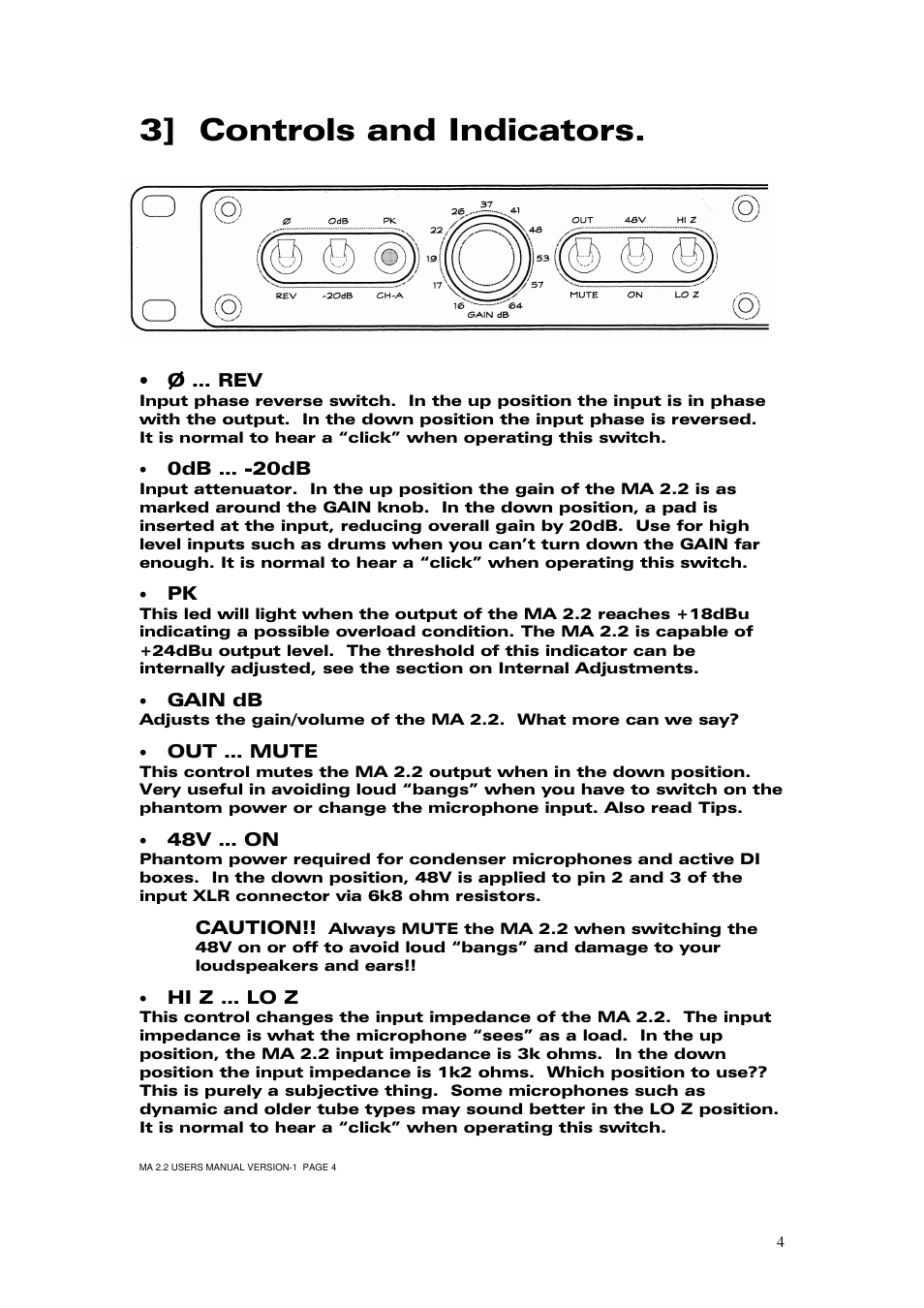 3] controls and indicators, O … rev, 0db … -20db | Gain db, Out … mute, 48v … on, Caution, Hi z … lo z | Buzz Audio ma-2.2stereo microphone preamp User Manual | Page 5 / 11