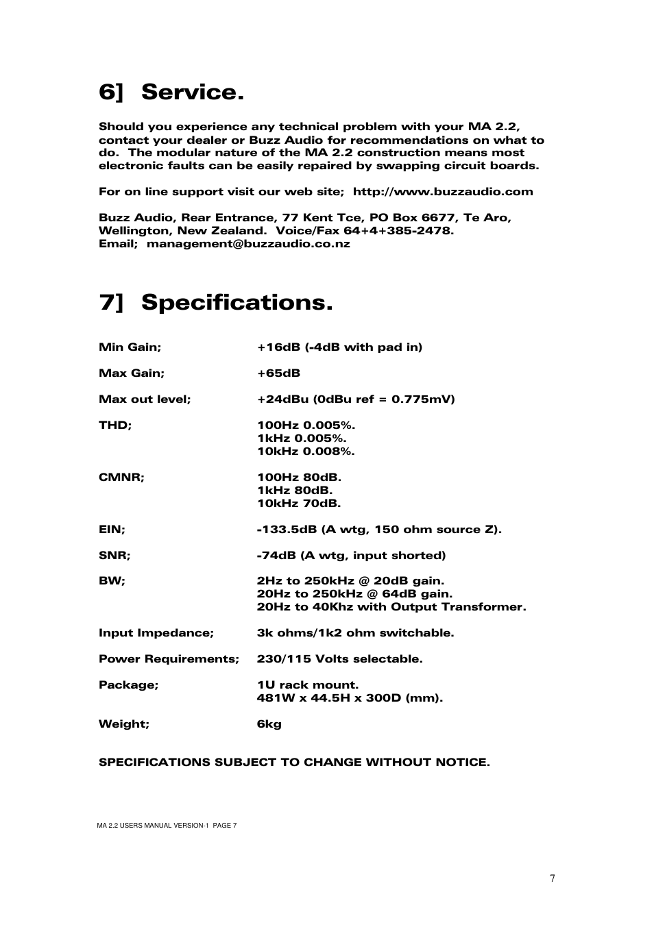 6] service, 7] specifications | Buzz Audio ma-2.2stereo microphone preamp User Manual | Page 8 / 11