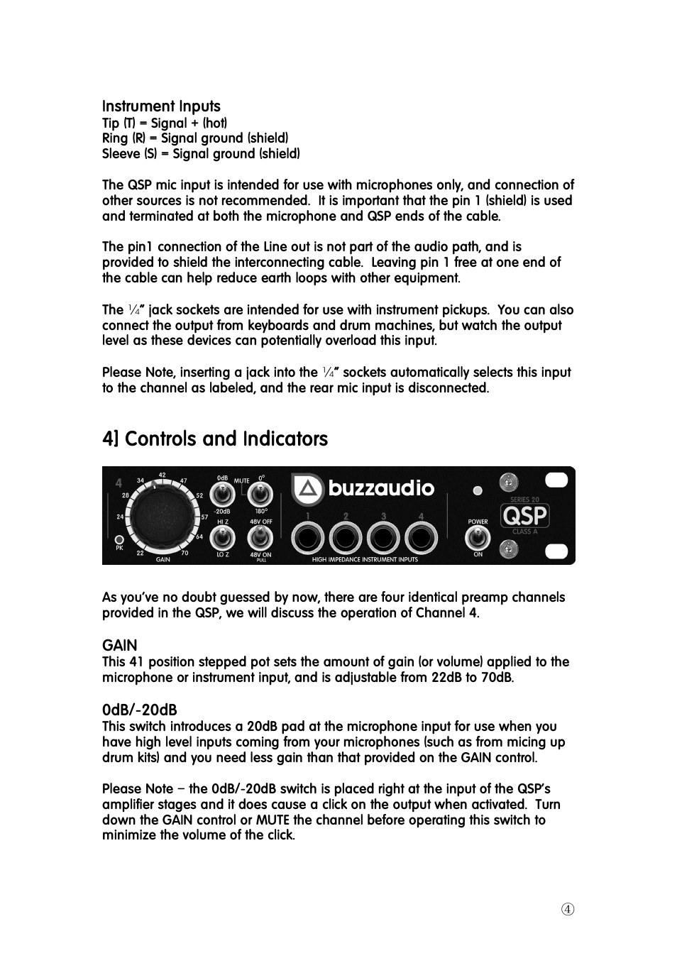 4] controls and indicators | Buzz Audio qsp-20studio mic preamplifier User Manual | Page 4 / 8