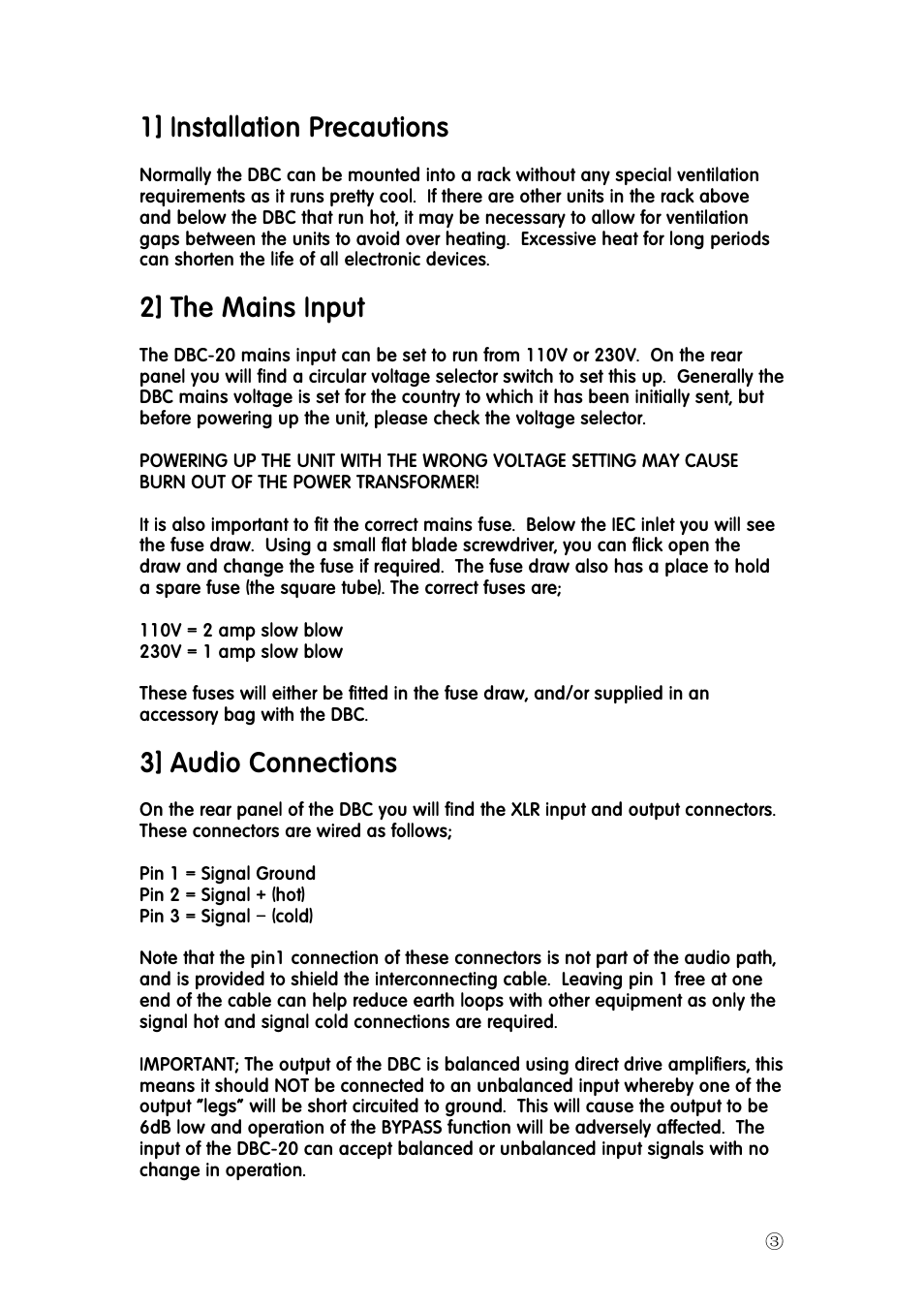 1] installation precautions, 2] the mains input, 3] audio connections | Buzz Audio dbc-20diode bridge compressor User Manual | Page 3 / 8