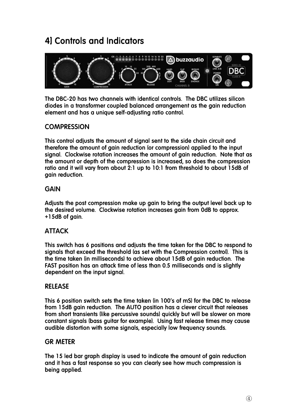 4] controls and indicators | Buzz Audio dbc-20diode bridge compressor User Manual | Page 4 / 8