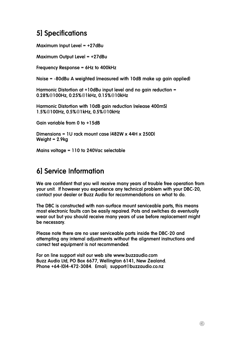 5] specifications, 6] service information | Buzz Audio dbc-20diode bridge compressor User Manual | Page 6 / 8