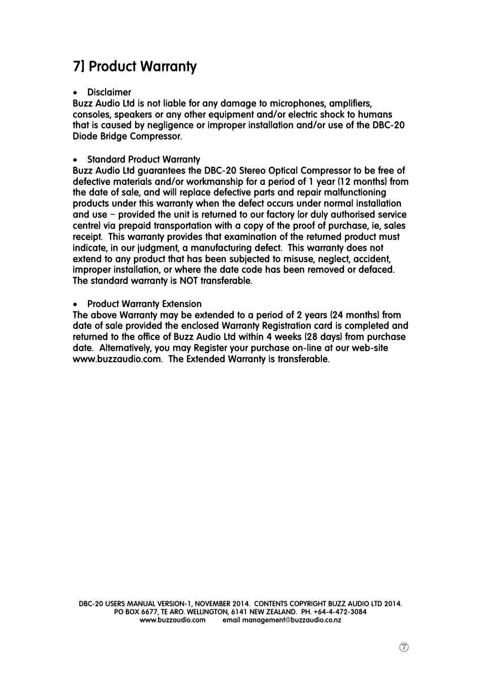 7] product warranty | Buzz Audio dbc-20diode bridge compressor User Manual | Page 7 / 8
