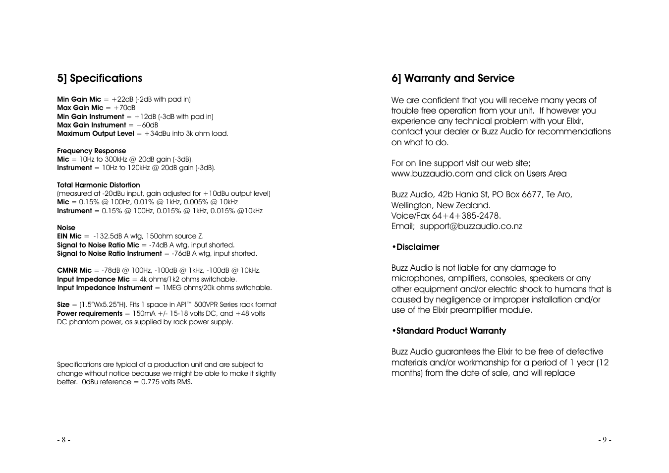 5] specifications, 6] warranty and service | Buzz Audio elixir mic preamplifier User Manual | Page 5 / 6