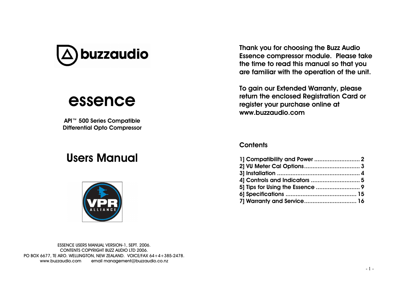 Buzz Audio essence optical compressor User Manual | 9 pages