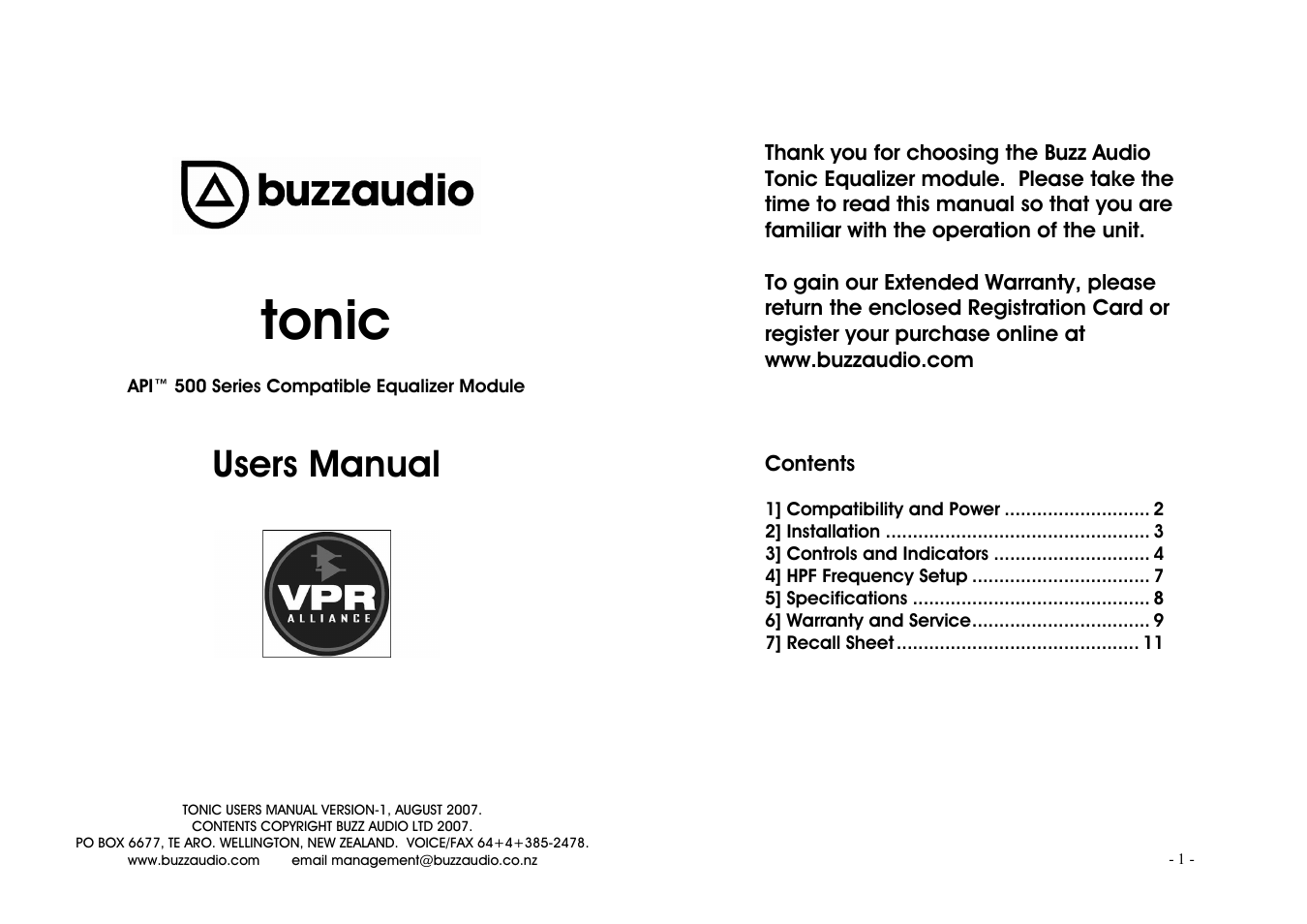 Buzz Audio tonic 3 band equaliser User Manual | 6 pages