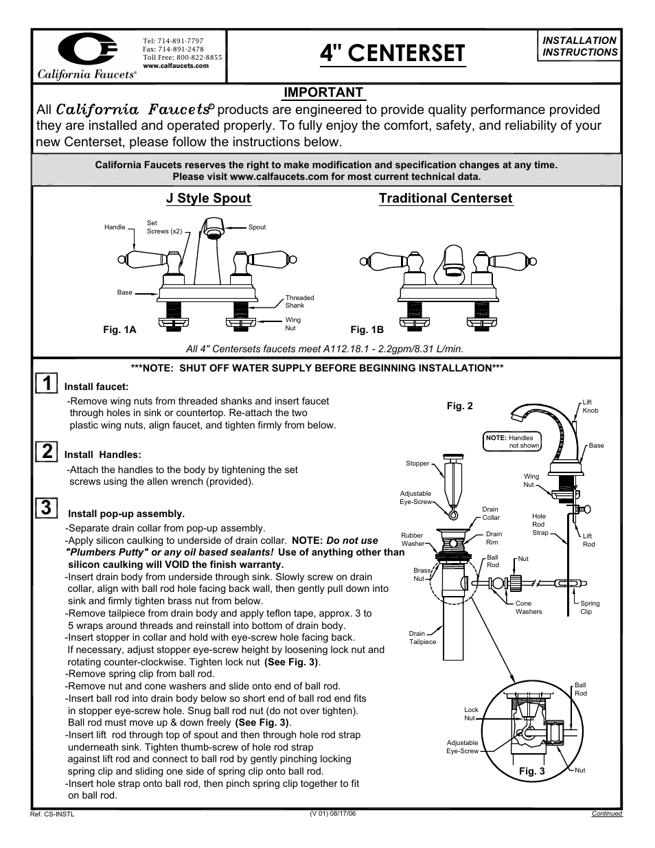 California Faucets 4" Centerset Faucets User Manual | 2 pages