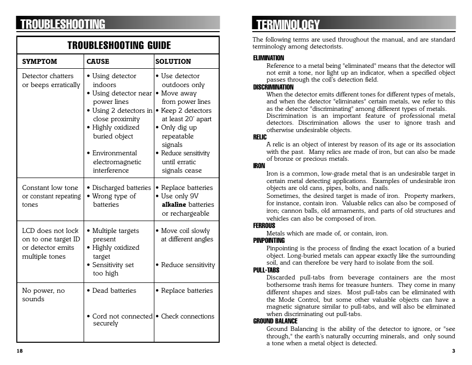 Terminology, Troubleshooting, Troubleshooting guide | Bounty Hunter DISCOVERY 1100 User Manual | Page 3 / 10