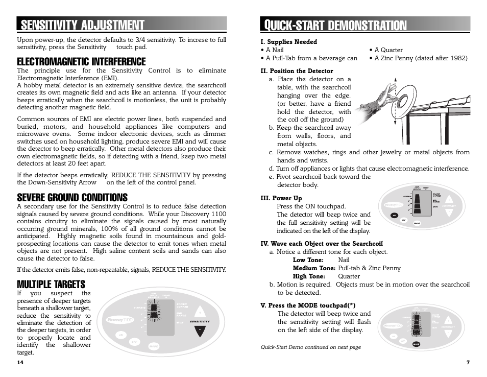 Sensitivity adjustment, Quick-start demonstration, Electromagnetic interference | Severe ground conditions, Multiple targets | Bounty Hunter DISCOVERY 1100 User Manual | Page 7 / 10