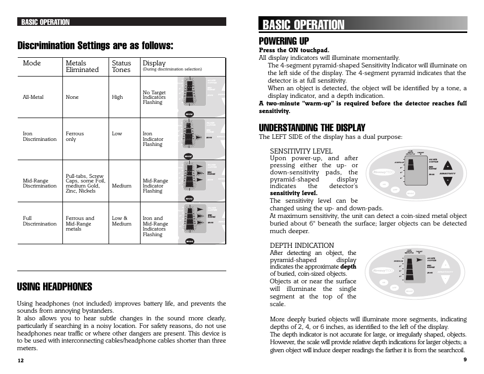 Basic operation, Discrimination settings are as follows, Using headphones | Powering up, Understanding the display | Bounty Hunter DISCOVERY 1100 User Manual | Page 9 / 10