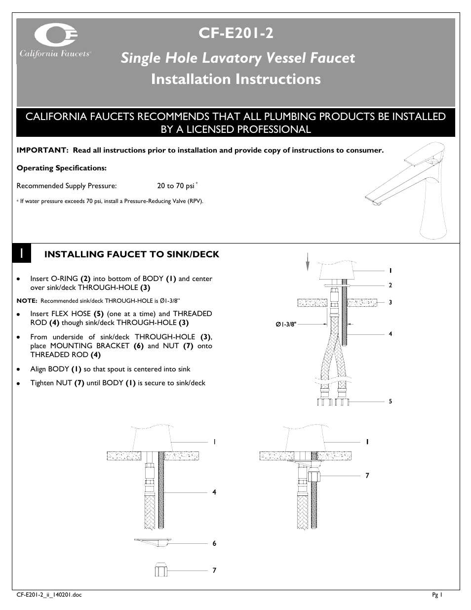California Faucets Single Hole High Lavatory Faucet User Manual | 2 pages