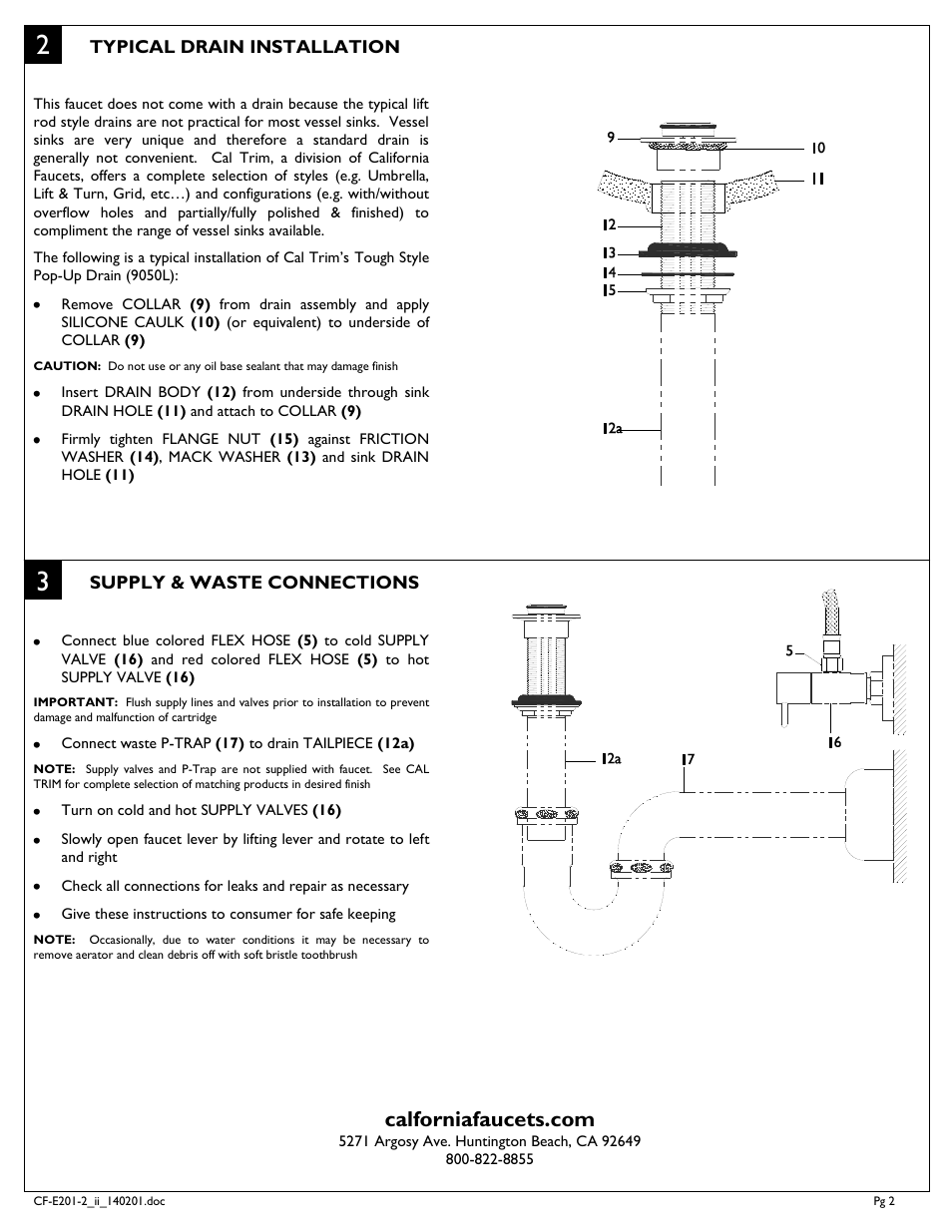 California Faucets Single Hole High Lavatory Faucet User Manual | Page 2 / 2