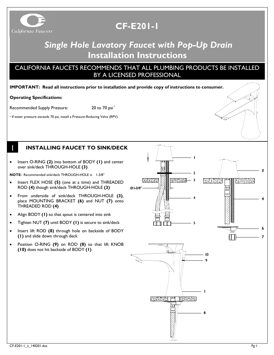 California Faucets Single Hole Low Lavatory Faucet User Manual | 2 pages