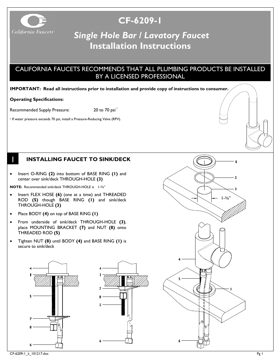 California Faucets Single-Hole Bar/Kitchen Faucet User Manual | 2 pages