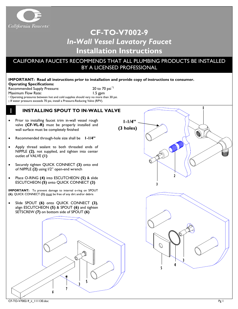 California Faucets Solima In- Wall Vessel Faucet User Manual | 2 pages