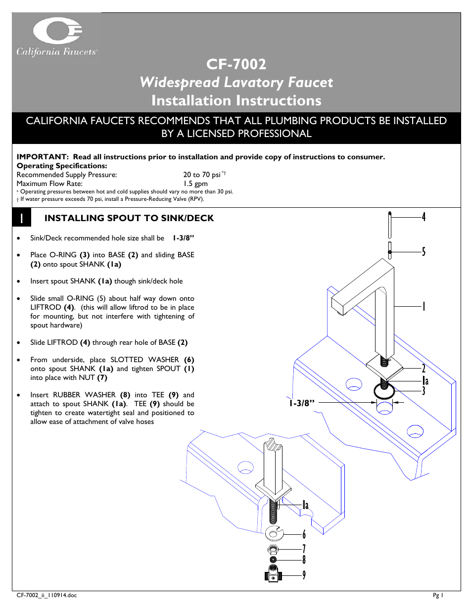 California Faucets Solima Widespread Faucet User Manual | 4 pages