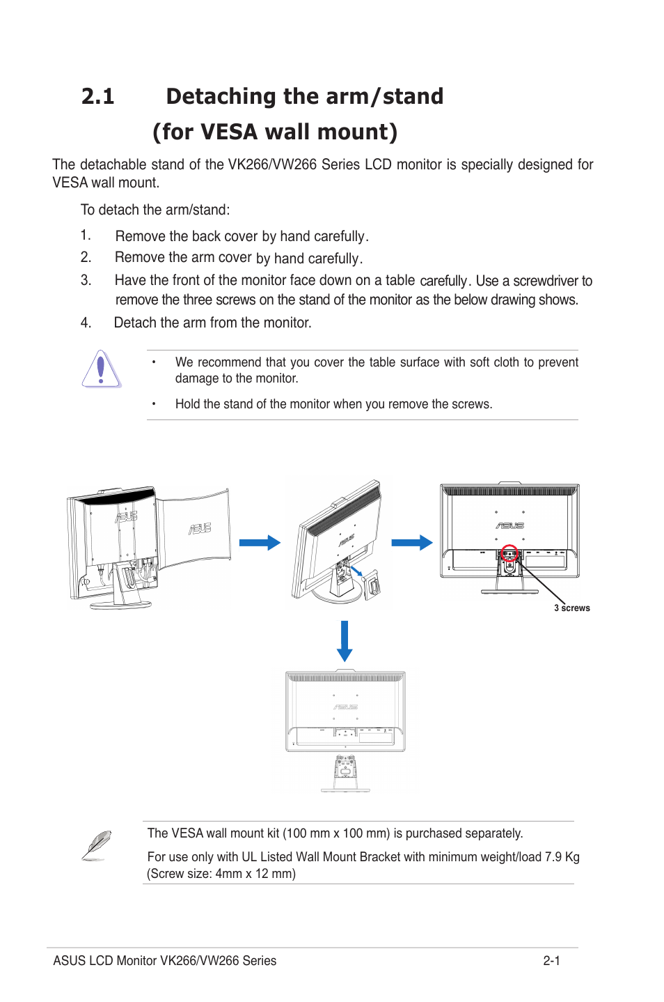 1 detaching the arm/stand (for vesa wall mount) | Asus VK 266 User Manual | Page 11 / 19