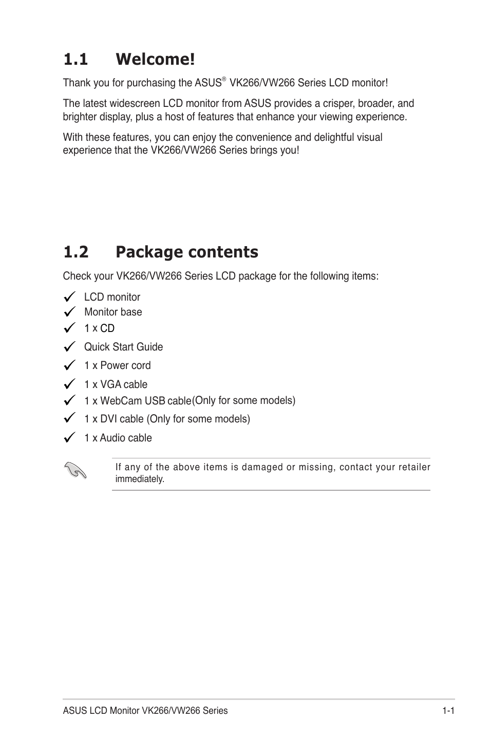 1 welcome, 2 package contents | Asus VK 266 User Manual | Page 7 / 19