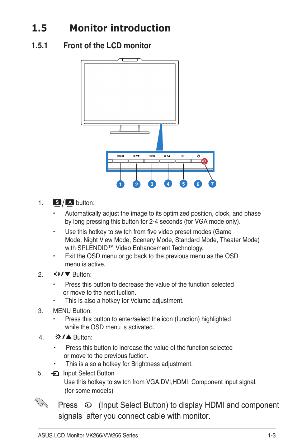 5 monitor introduction, 1 front of the lcd monitor | Asus VK 266 User Manual | Page 9 / 19