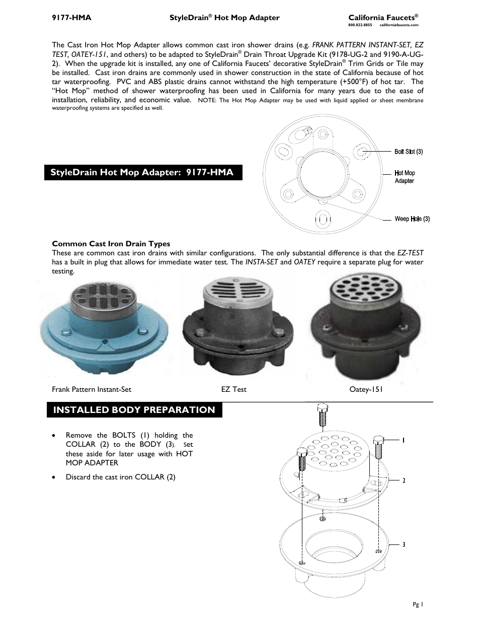 California Faucets Styledrain Hot Mop Adapter Kit User Manual | 2 pages