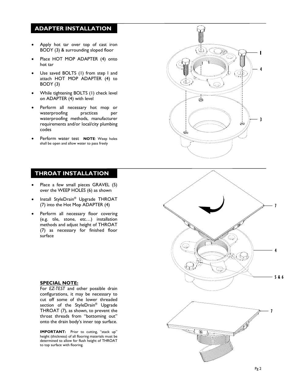 Adapter installation throat installation | California Faucets Styledrain Hot Mop Adapter Kit User Manual | Page 2 / 2