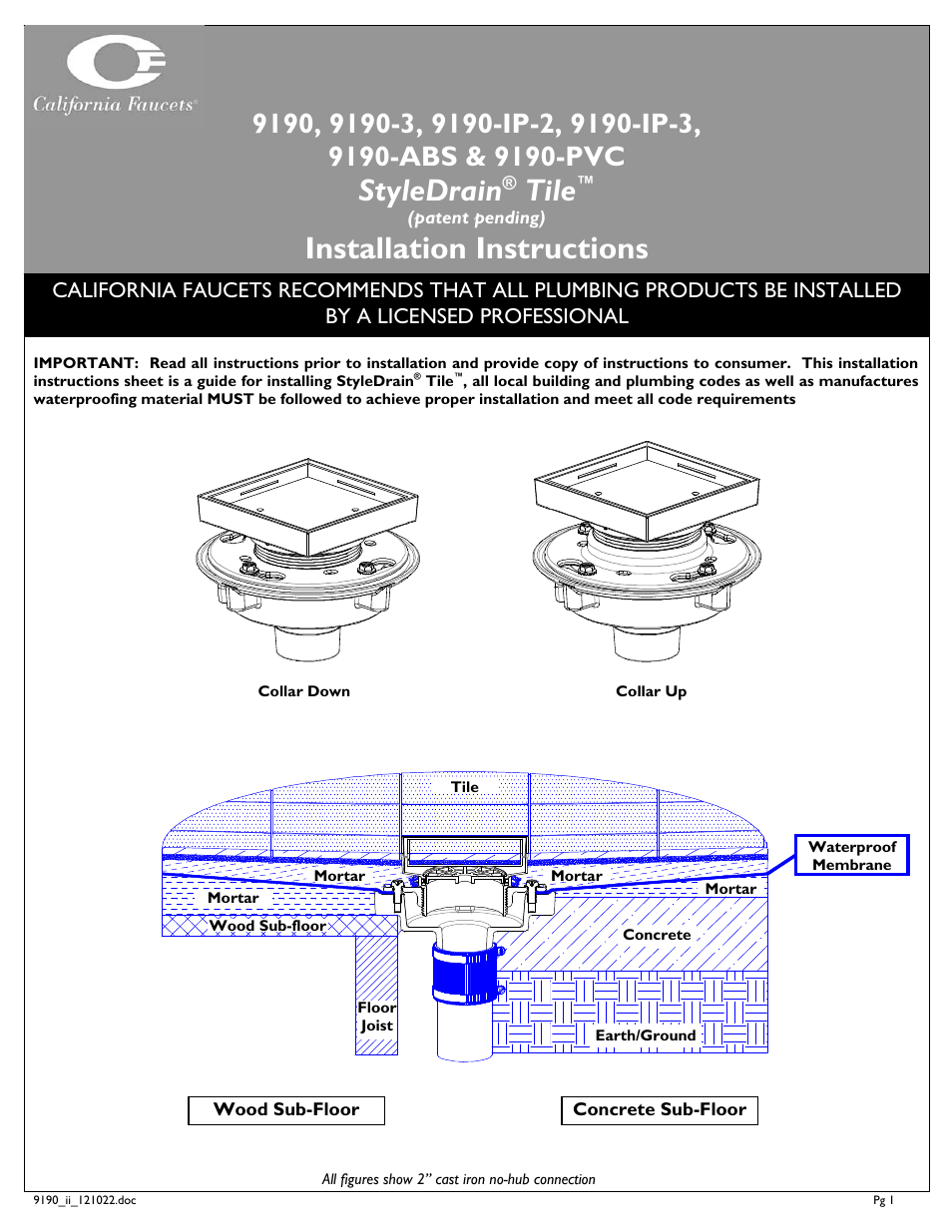 California Faucets Tile Styledrain Set with  No-Hub User Manual | 4 pages