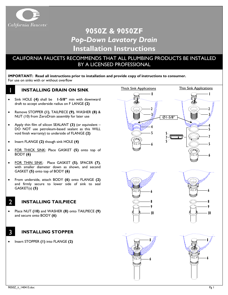 California Faucets ZeroDrain Pop-Down Style Lavatory Drain User Manual | 2 pages