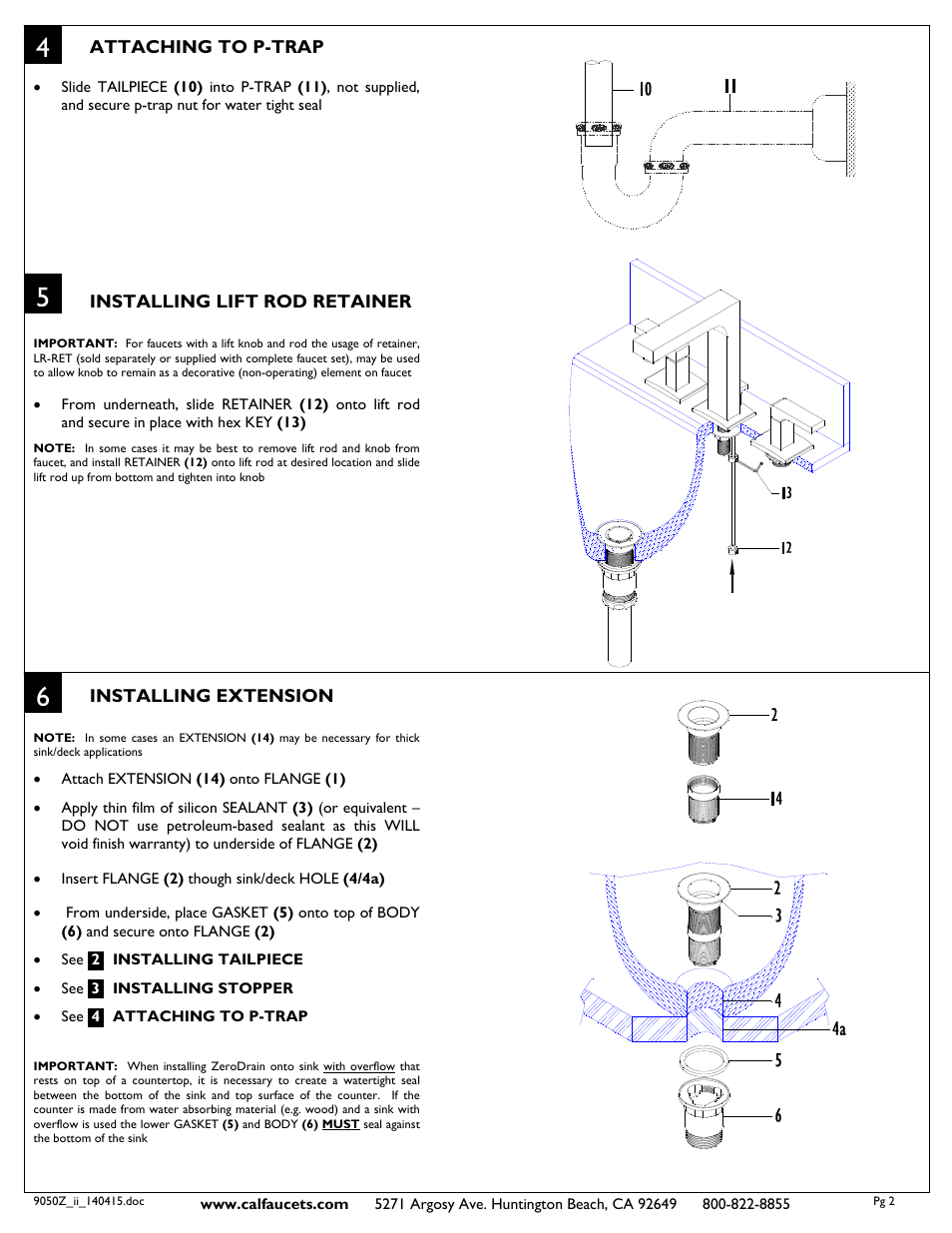 California Faucets ZeroDrain Pop-Down Style Lavatory Drain User Manual | Page 2 / 2