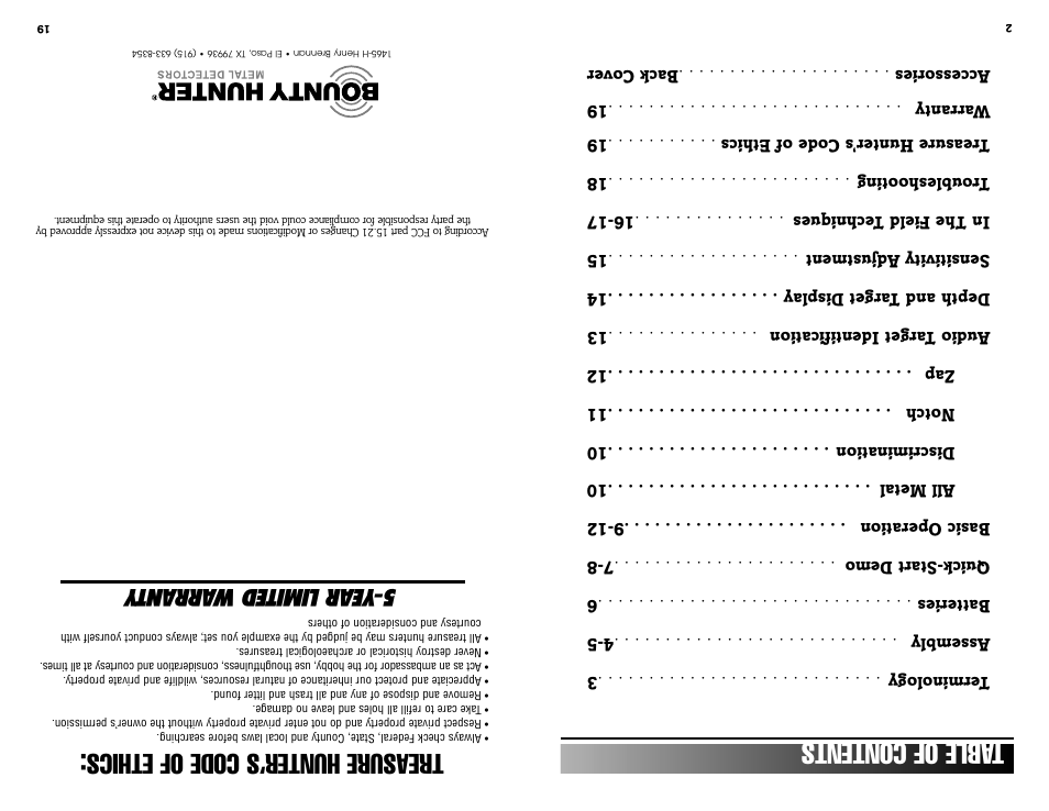 T able of contents, Treasure hunter’s code of ethics, Year limited w arranty | Bounty Hunter DISCOVERY 2200 User Manual | Page 2 / 10