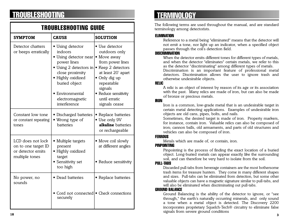 Terminology, Troubleshooting, Troubleshooting guide | Bounty Hunter DISCOVERY 2200 User Manual | Page 3 / 10