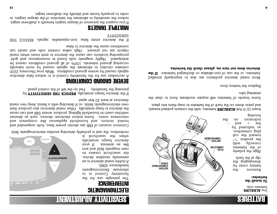 Sensitivity adjustment, Batteries, Electromagnetic interference | Severe ground conditions, Mul tiple t argets | Bounty Hunter DISCOVERY 2200 User Manual | Page 6 / 10
