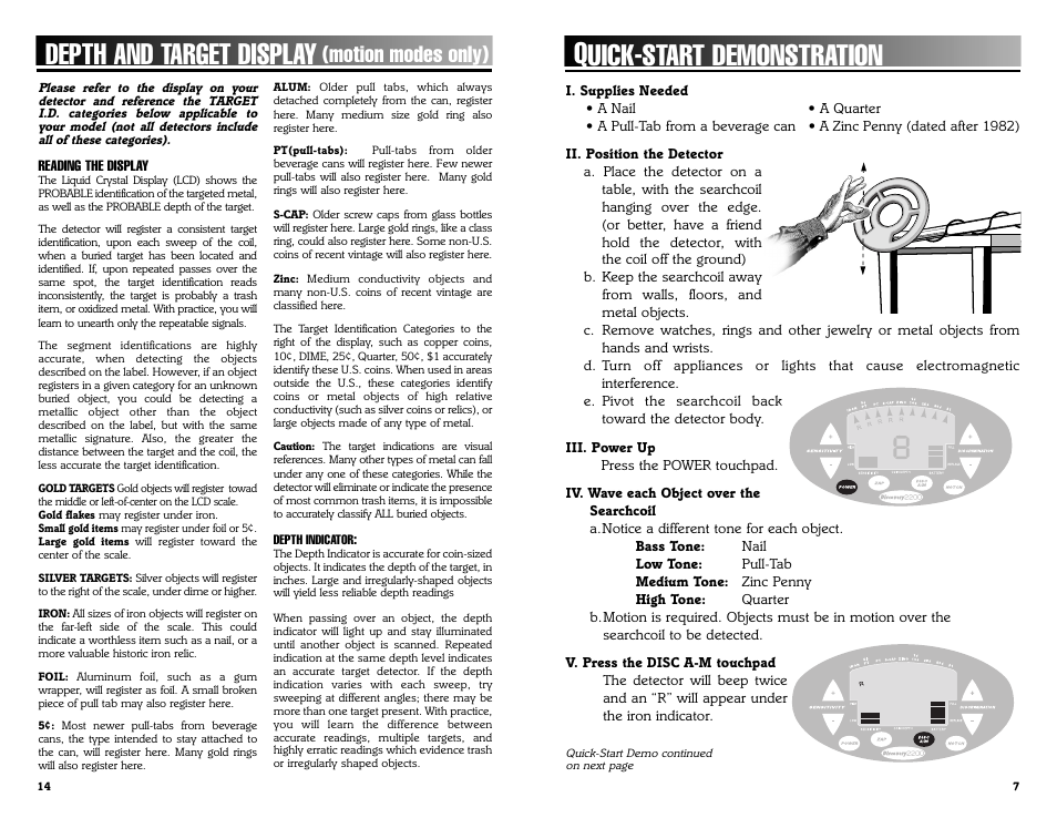 Quick-start demonstration, Depth and target display, Motion modes only) | Bounty Hunter DISCOVERY 2200 User Manual | Page 7 / 10