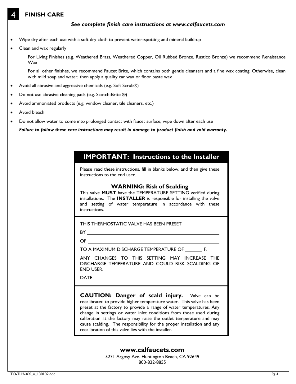 Important: instructions to the installer | California Faucets Styletherm TO-THC2L ii User Manual | Page 4 / 4