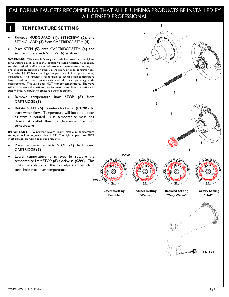 Temperature setting | California Faucets 1/2" Pressure Balance Valve Tirim User Manual | Page 2 / 4