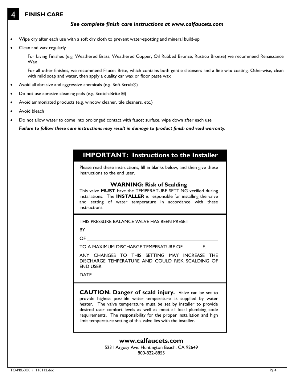 Important: instructions to the installer | California Faucets 1/2" Pressure Balance Valve Tirim User Manual | Page 4 / 4