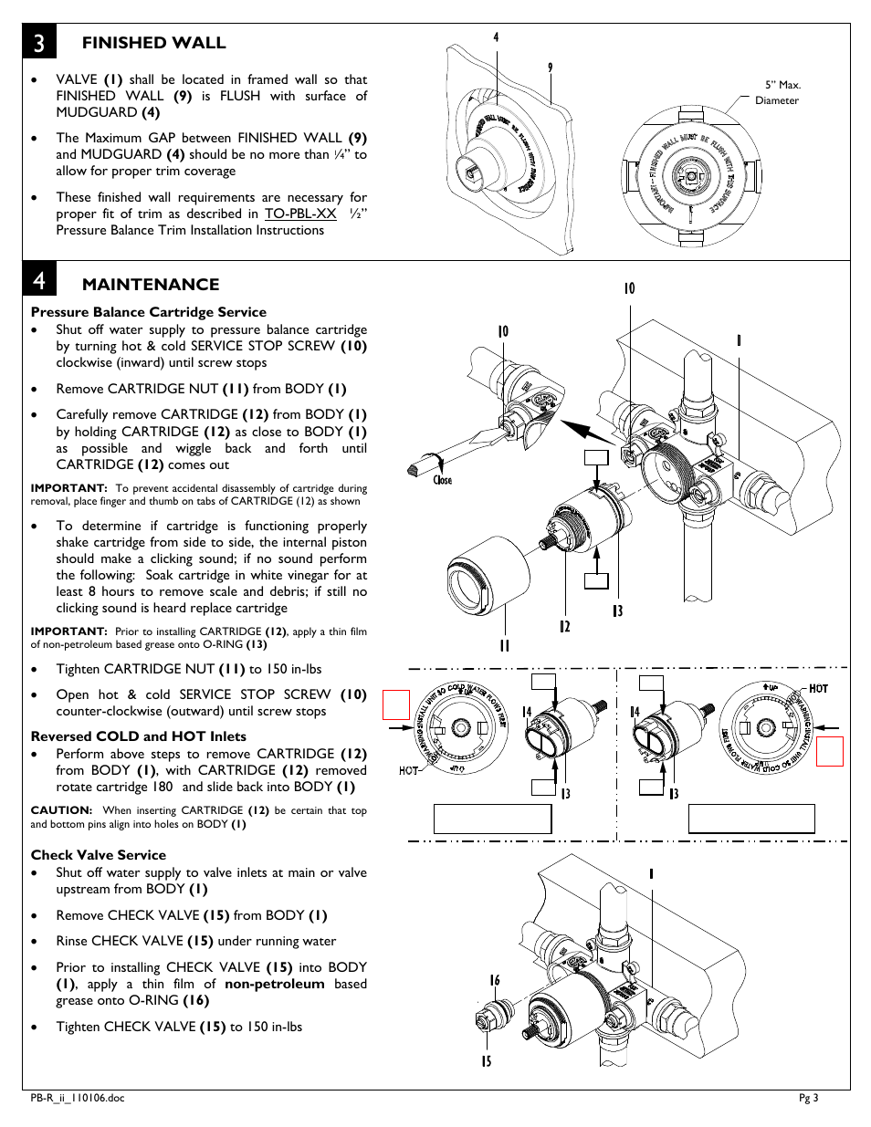 Finished wall, Maintenance | California Faucets Pressure Balance Valve User Manual | Page 3 / 4