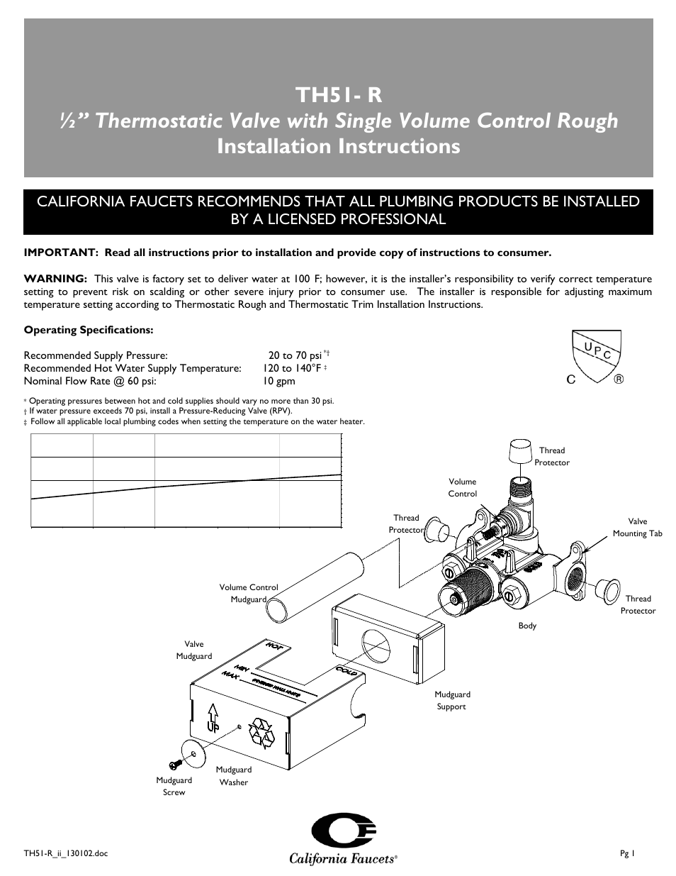 California Faucets Styletherm 1/ Thermostatic Rough Valve with Single Integral Volume Control User Manual | 4 pages